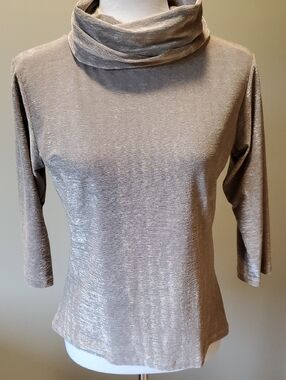 Women's Metallic Taupe Cowl Neck Top - Shimmery Turtleneck Sweater